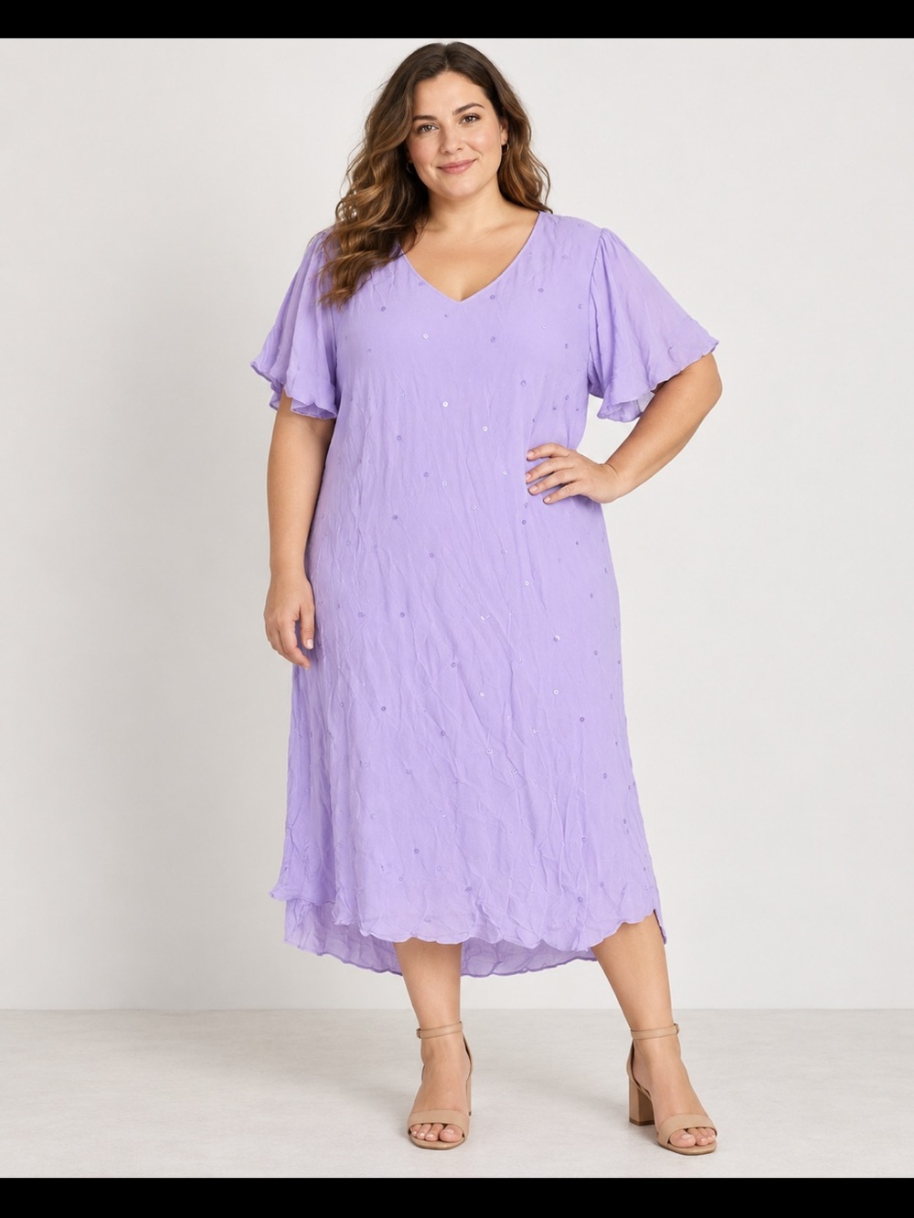 Y2K Studio I Women’s 22W Lavender Sequin Midi Dress Flutter Sleeve Boho Fairy